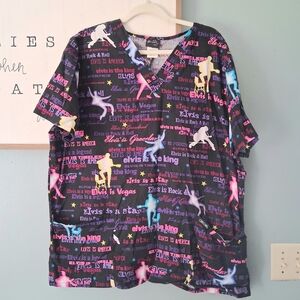 Elvis Presley Rock & Roll Themed Nurse Scrub Top Medical Shirt Size XL Womens